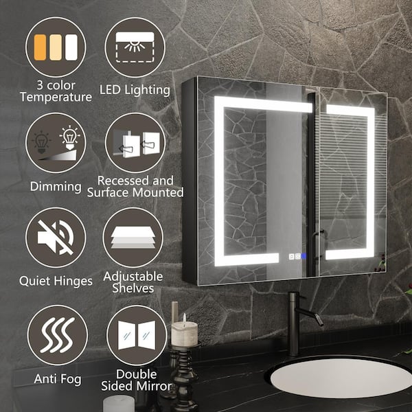 ShineX 30 in. W x 26 in. H Rectangular Black Aluminum Recessed/Surface Mount Dual Swing Medicine Cabinet with Mirror LED