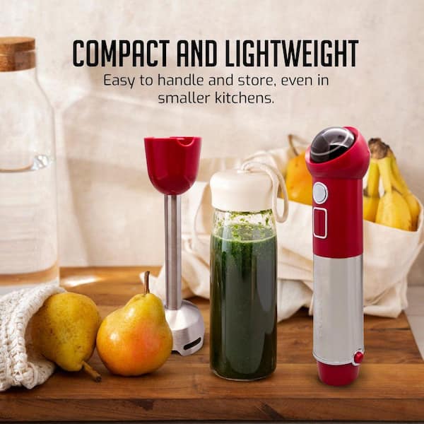 OVENTE Immersion Blender Red Stainless Steel Blades Rechargeable