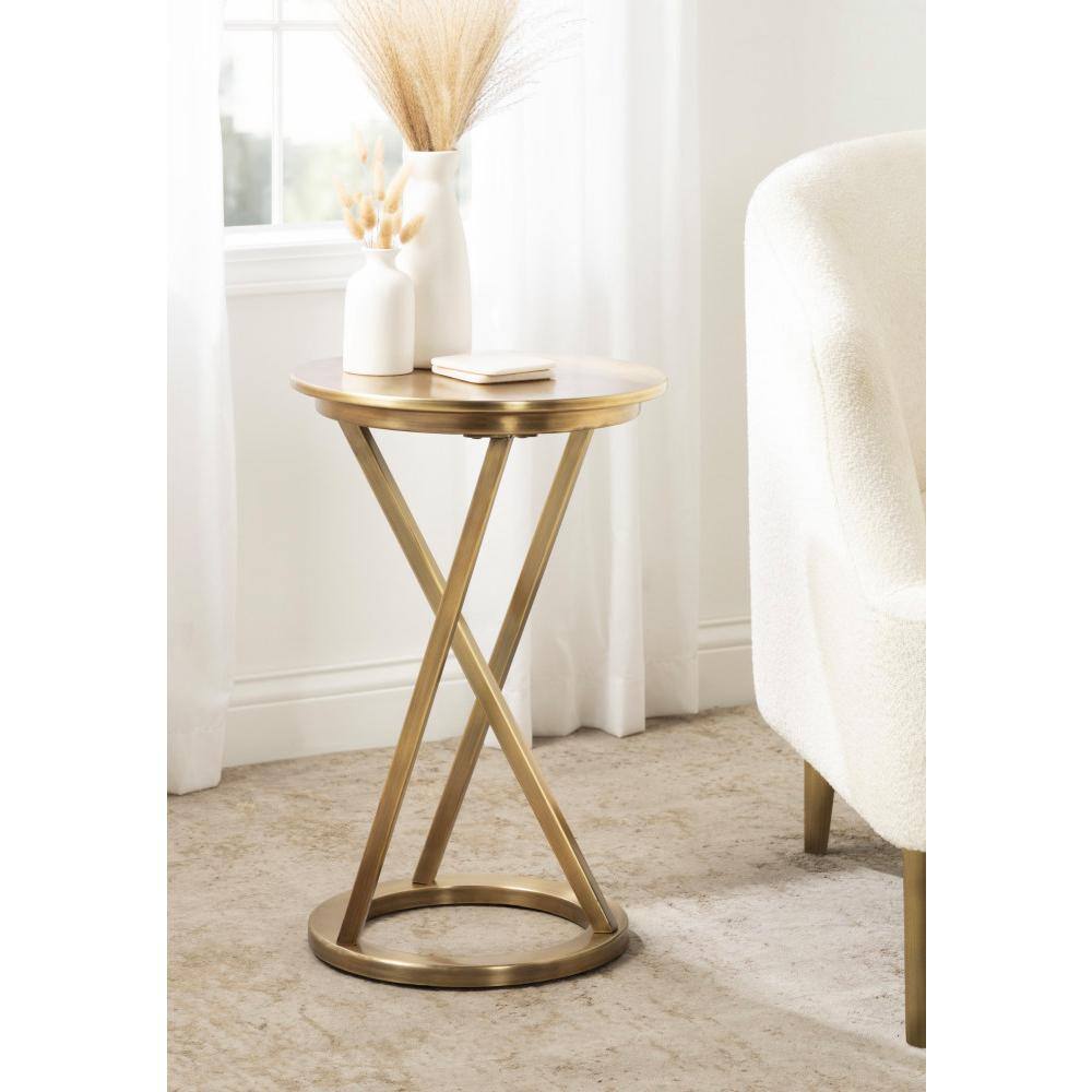 Aja Gold Round Metal Side Table with Geometric Legs