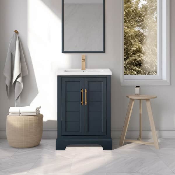 24 in. W x 18 in. D x 34.5 in. H Single Sink Vintage Spruce Blue Bath Vanity with White Ceramic Top