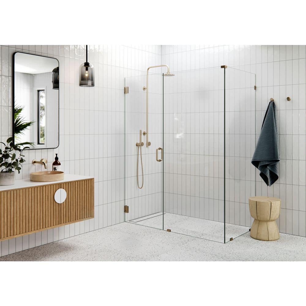 58 in. W x 34 in. D x 78 in. H Pivot Frameless Corner Shower Enclosure in Brushed Bronze Finish with Clear Glass price history on PriceWatchPro