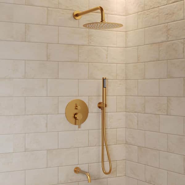 3-Spray Round High Pressure Wall Bar Shower Kit Tub and Shower Faucet with Hand Shower in Brushed Gold (Valve Included)