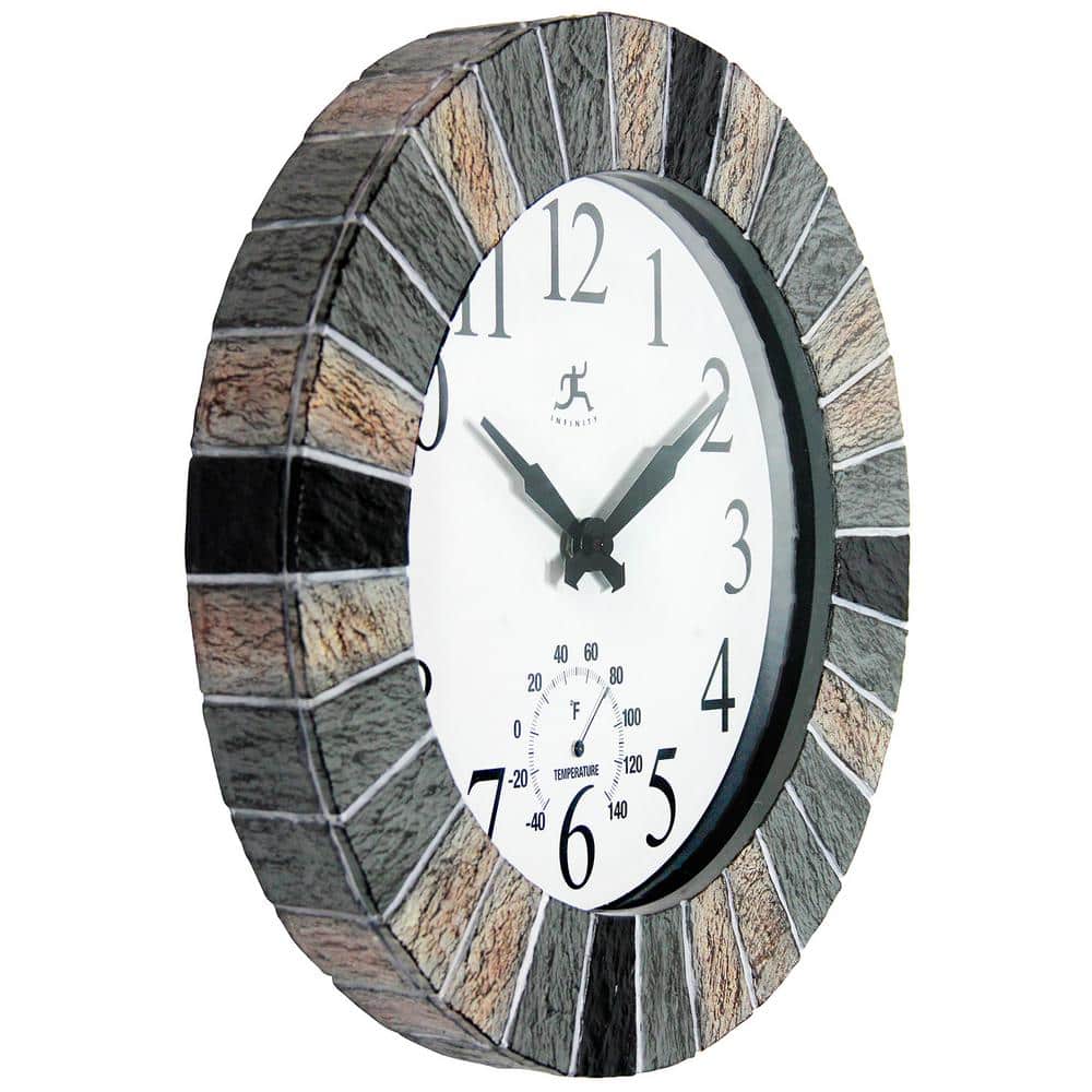 13" Faux Slate Frame Indoor/Outdoor Wall Clock with Thermometer