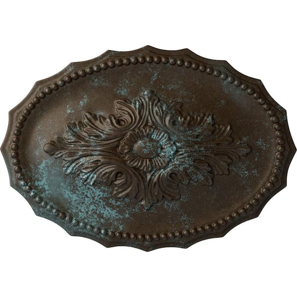 Ekena Millwork 16-7/8" W x 11-3/4" H x 1-1/2" Oxford Urethane Ceiling Medallion, Hand-Painted Bronze Blue Patina