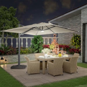 10 ft. Aluminum Cantilever Outdoor Patio Umbrella Bluetooth Atmosphere Lights 360-Degree Rotation in Taupe with Base