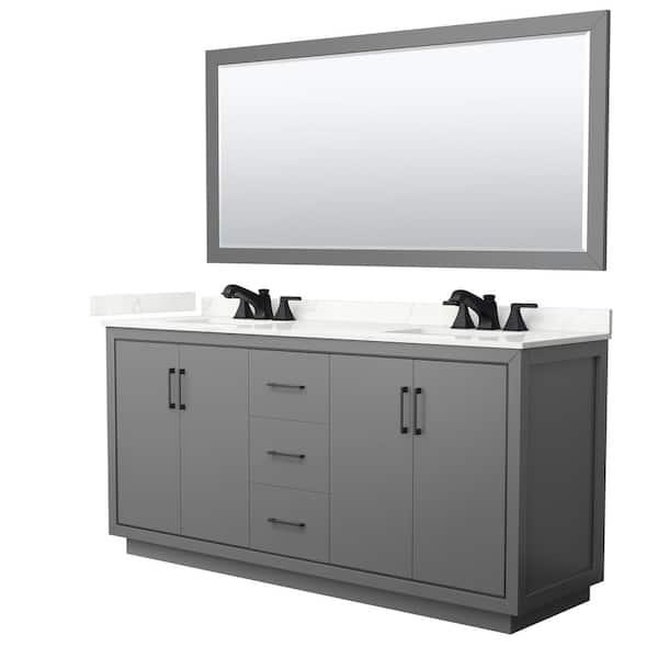 Wyndham Collection Icon 72 in. W x 22 in. D x 35 in. H Double Bath Vanity in Dark Gray with Giotto Quartz Top and 70 in. Mirror