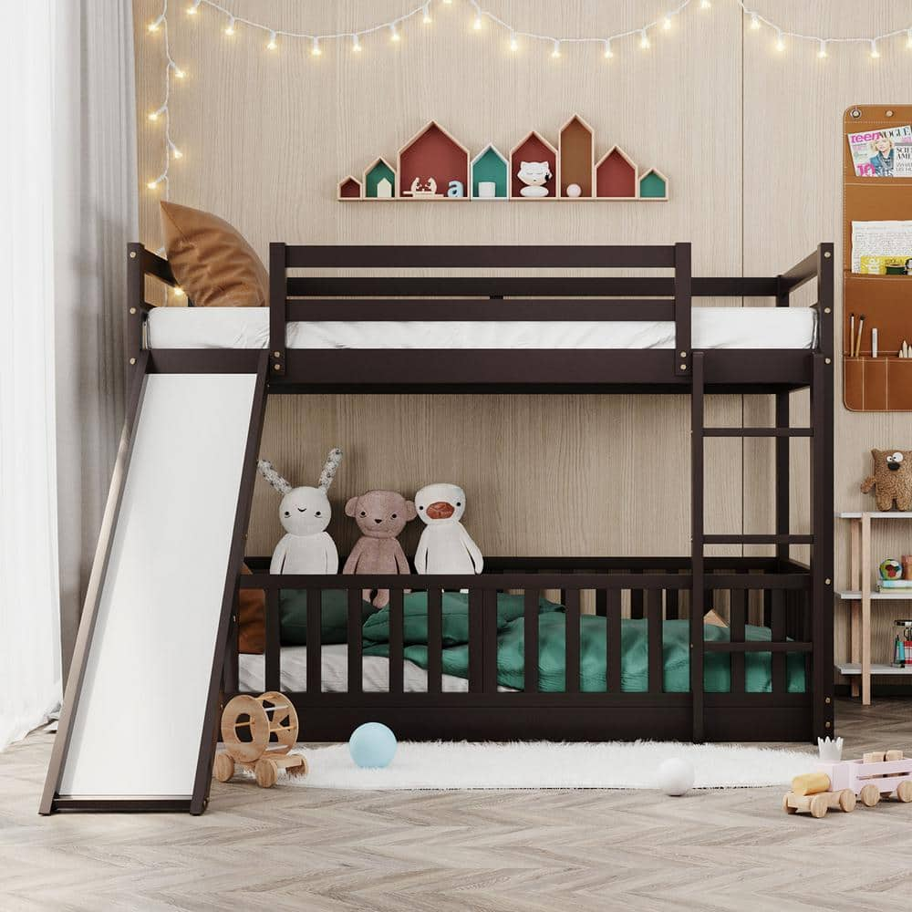 ANBAZAR Twin Over Twin Bunk Bed for Kids Wooden Bunk Bed with Slide and Ladder Solid Wood Low Bunk Beds Frame Espresso FF92 P The Home Depot