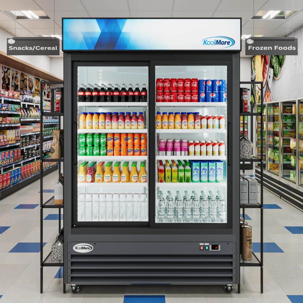 Black Double Door Glass Merchandiser Refrigerator with Wire Shelves