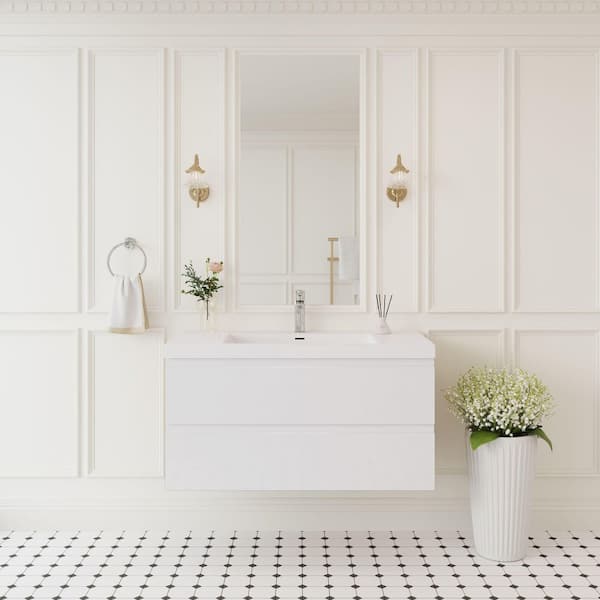 ANGELES HOME 42 in. W Floating Bathroom Vanity in Glossy White with White Resin Top Basin, Soft Close Drawers