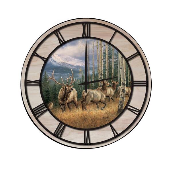 Unbranded "Back Country Elk" Woodgrain Accent and Black Numbers Imaged Wall Clock