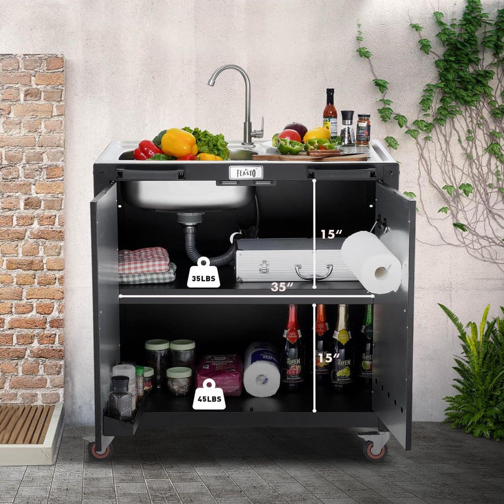 Freestanding Black and Stainless Steel Outdoor Sink Station with Cabinet