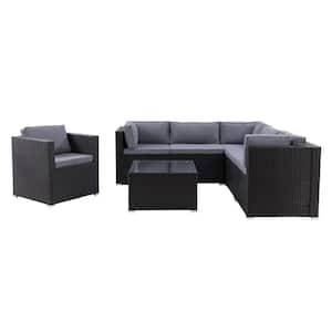 Parksville Black 7-Piece Rattan Patio Conversation Sectional Seating Set with Ash Gray Cushions