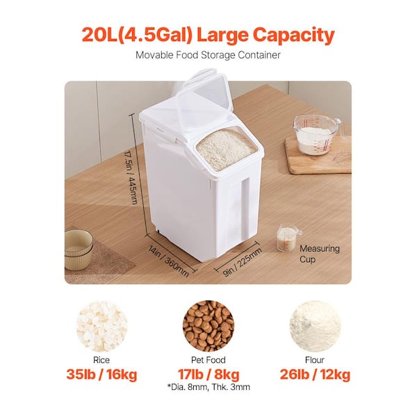 4.5 Gal. Rice Storage Container, 20 L Dog Food Dispenser Bin, Airtight Lid, Wheels, Pet Food and Kitchen Ingredient Bin