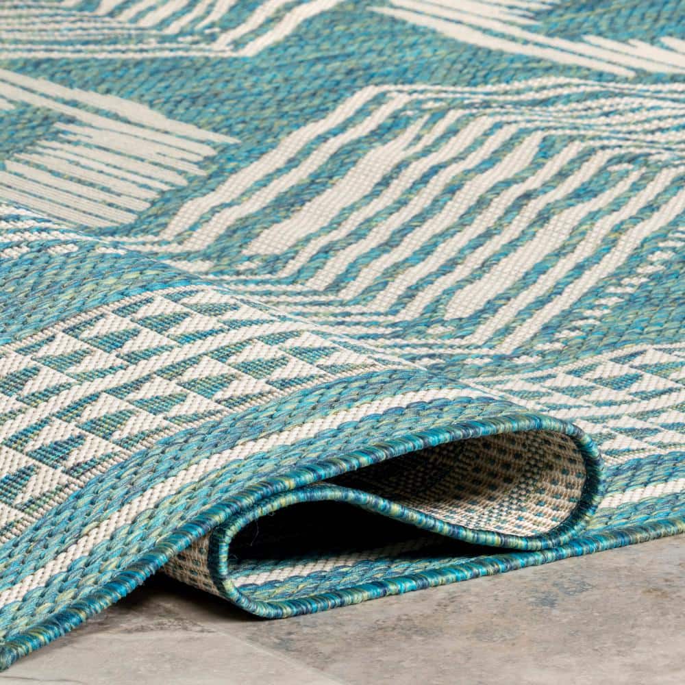 Geometric Light Brown and Green Synthetic Indoor/Outdoor Rug