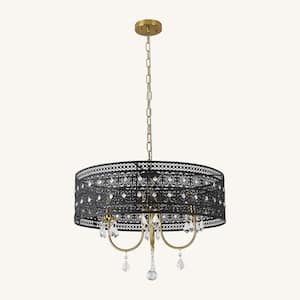 4-Light Black Drum Hollow Crystal Chandelier Light for Kitchen Island with No Bulbs Included