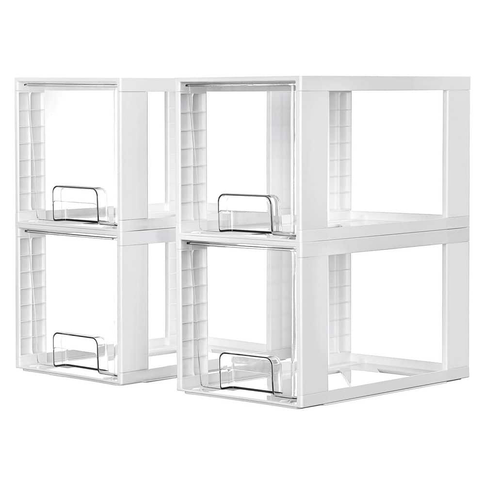 4 Pack Large Stackable Storage Drawers, Plastic Bins for Kitchen Cabinets, Pantry, Makeup, Medicine Organization, White