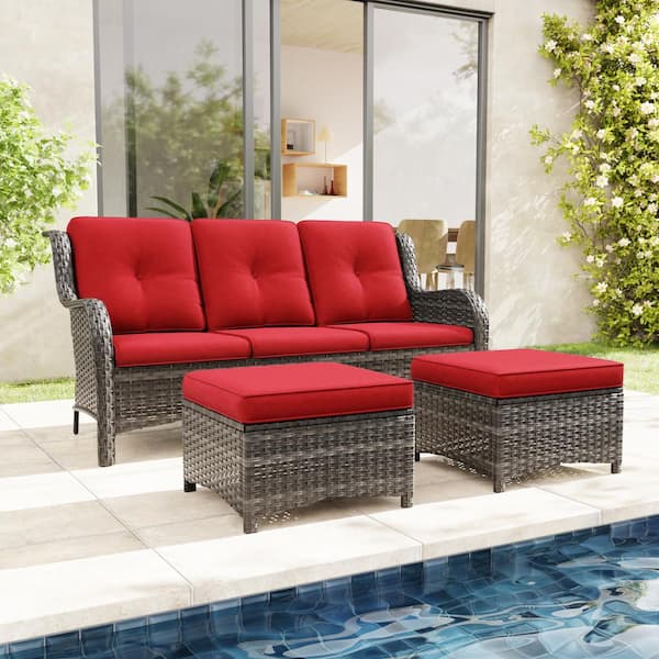JOYSIDE Wicker Outdoor Patio Sofa Sectional Set with Red Cushions and Ottoman