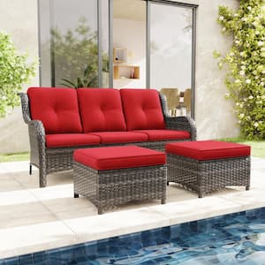 Wicker Outdoor Patio Sofa Sectional Set with Red Cushions and Ottoman