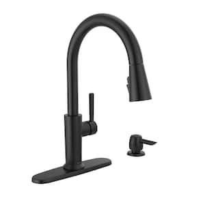 Emery Single Handle Pull Down Sprayer Kitchen Faucet with ShieldSpray and Soap Dispenser in Matte Black