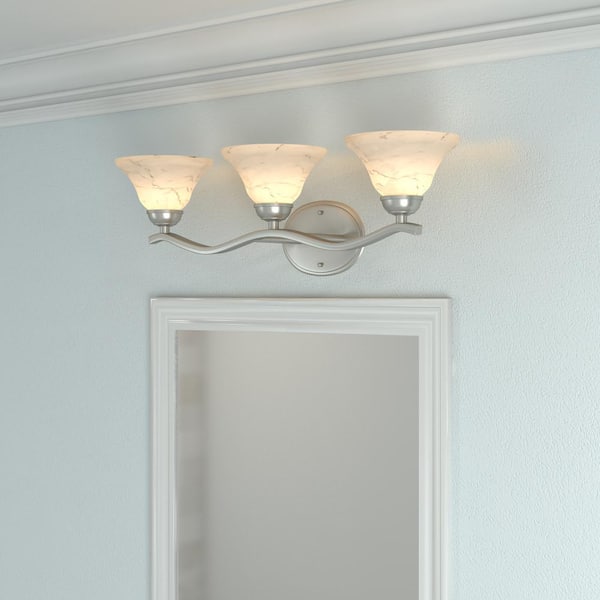 Andenne 3-Light Brushed Nickel Vanity Light with Bell Shaped Marbleized Glass Shades Andenne 3-Light Brushed Nickel Vanity Light with Bell Shaped Marbleized Glass Shades