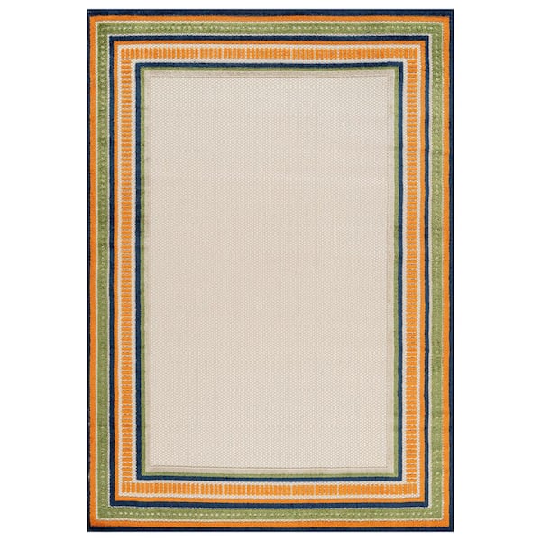 Coastal Border Design Indoor/Outdoor High-Low Textured, Coastal Border, Easy-Clean Patio 5 ft. x 7 ft. Multi Area Rug