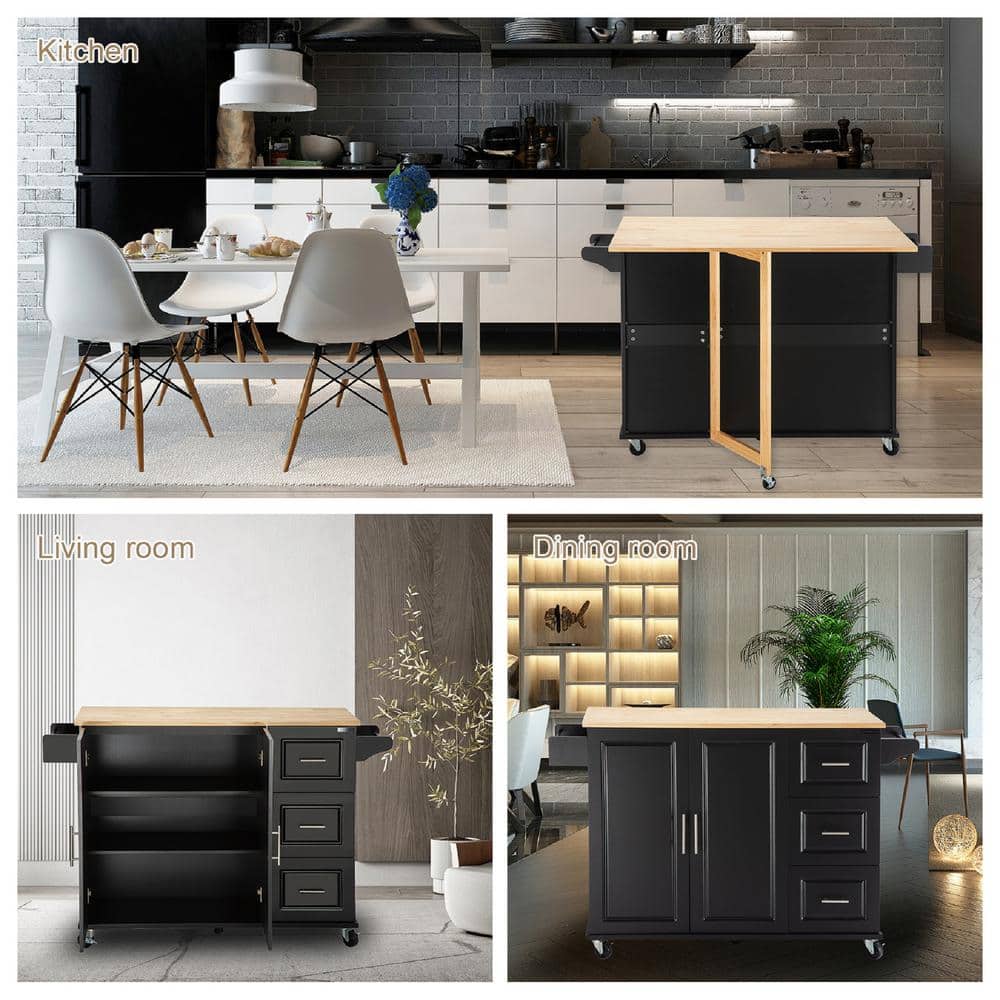 Black Rubber Wood Kitchen Cart with Spice Rack