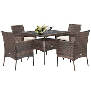 5-Piece Wicker Outdoor Dining Set with Off white Cushion and Glass Table Top