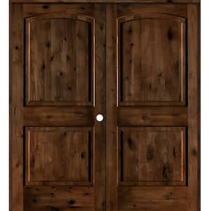 56 in. x 80 in. Rustic Knotty Alder 2-Panel Left Handed Provincial Stain Wood Double Prehung Interior Door with Arch-Top