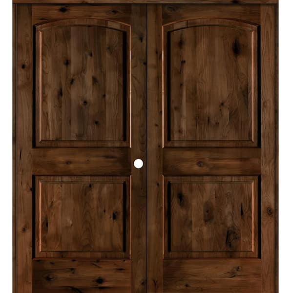 Krosswood Doors 56 in. x 80 in. Rustic Knotty Alder 2-Panel Left Handed Provincial Stain Wood Double Prehung Interior Door with Arch-Top