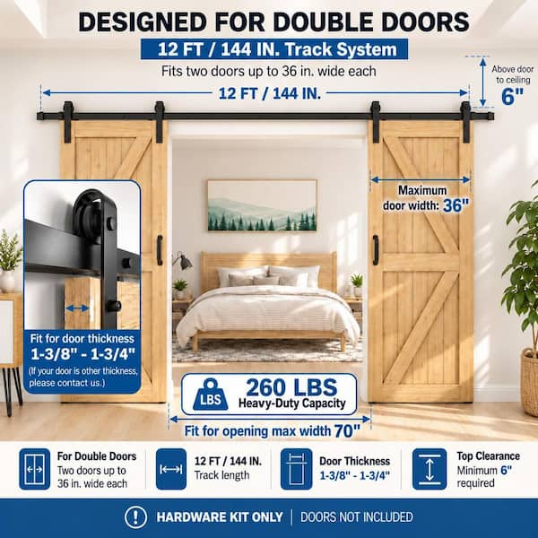 12 ft./144 in. Frosted Black Sliding Barn Door Hardware Track Kit for Double Doors with Non-Routed Floor Guide