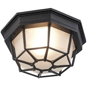 Benkert 9 in. 1-Light Rust Outdoor Flush Mount Ceiling Light Fixture with Frosted Glass