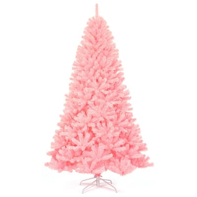 6 ft. Unlit Hinged Artificial Christmas Tree Full Fir Tree New PVC with Metal Stand Pink