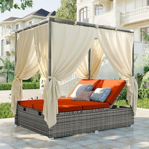 Gray Wicker Outdoor Day Bed with Orange Cushions with Canopy