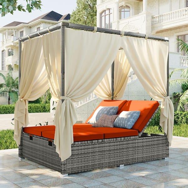 Harper & Bright Designs Gray Wicker Outdoor Day Bed with Orange Cushions with Canopy