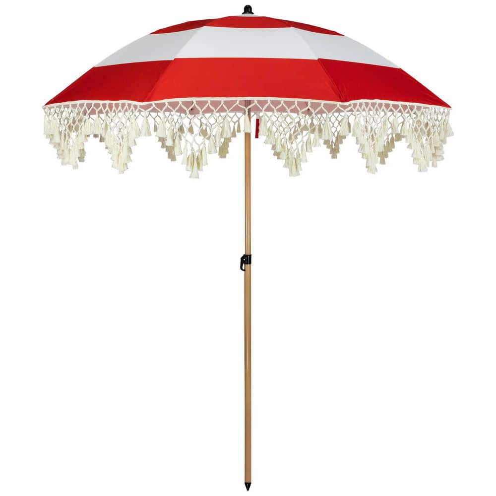 6.5 ft. Striped Outdoor Macrame Boho Beach Market Patio Umbrella with Tilt-78 in. Red and White price history on PriceWatchPro