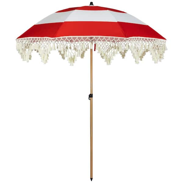 6.5 ft. Striped Outdoor Macrame Boho Beach Market Patio Umbrella with Tilt-78 in. Red and White