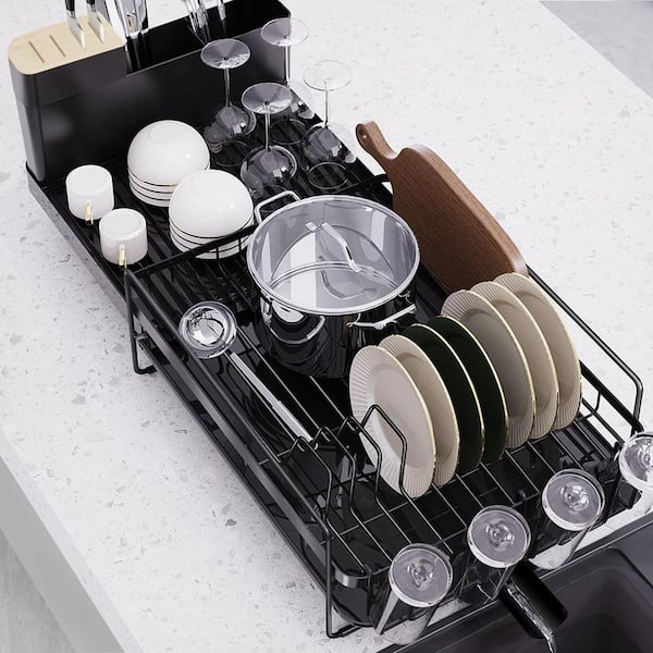 21.65 in. to 30.31 in. W Adjustable Large Dish Drying Rack with Drainboard, Extendable Dish Rack with Utensil Holder
