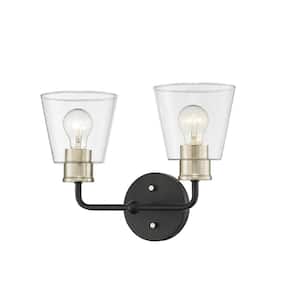 Cameron 15 in. 2-Light Matte Black Modern Gold Vanity Light with Clear Glass