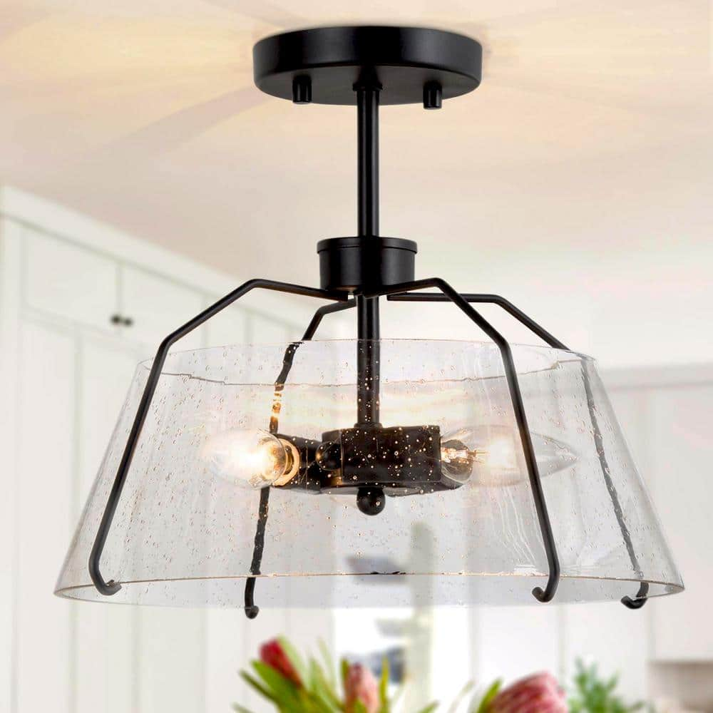 Modern Farmhouse 3-Light Black Flush Mount Light Foyer Drum Ceiling Light  with Clear Seeded Glass Shade and Cage Frame