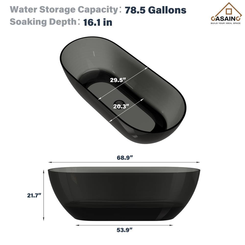 69'' Black Transparent Resin Freestanding Soaking Bathtub