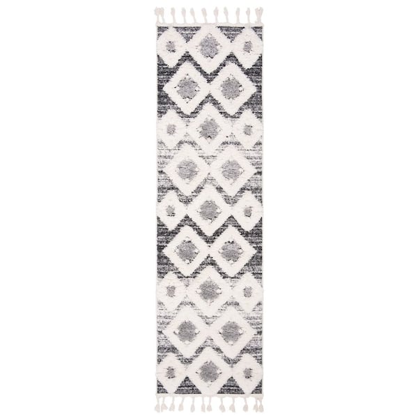 Moroccan Tassel Shag 2 ft. x 10 ft. Gray/Ivory High-Low Diamond Fringe Runner Rug