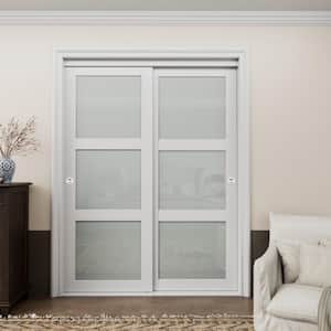 60 in. x 96 in. 3-Lites Frosted Glass Finished White MDF Closet Sliding Door with Hardware Kit