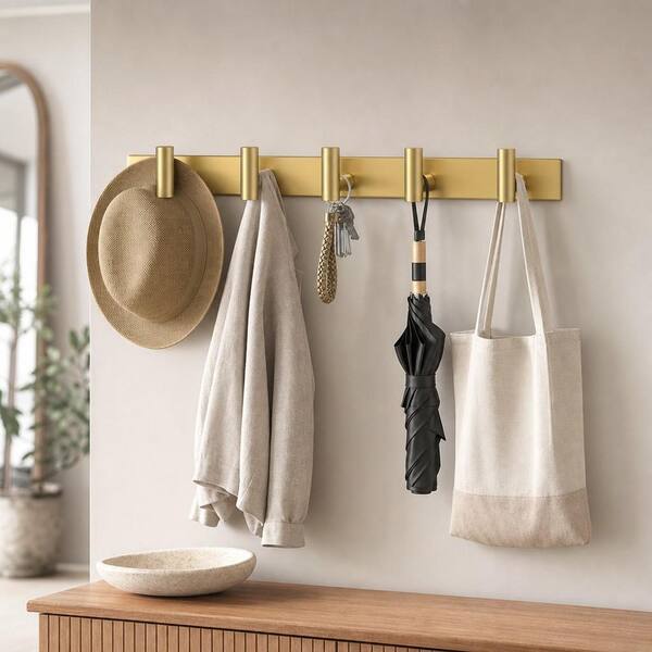 Wudkey 5 Hooks Towel Racks in Gold, Wall Mount Bathroom Hanger