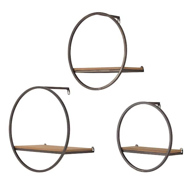 Stylewell Wood And Black Metal Wall Mount Round Floating Shelf Set Of 3 13107 02hd The Home Depot - Round Wall Shelves Set Of 3