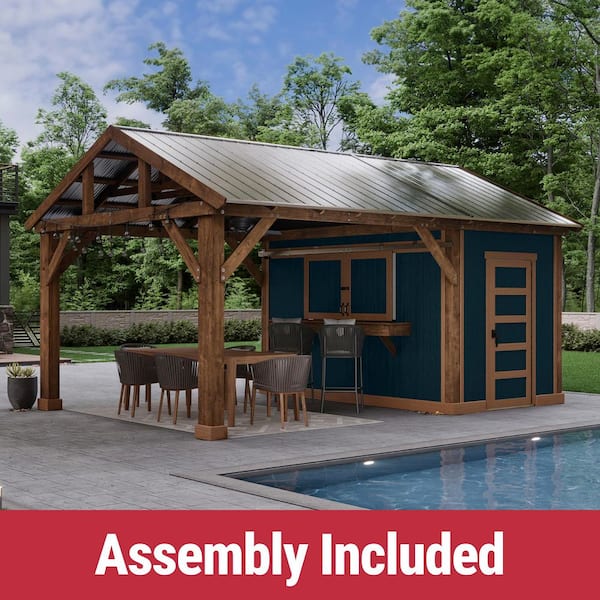 Pro Assembled Festiva 14 ft. x 19 ft. Outdoor Patio Entertainment Pavilion with Wood Shed-Bar Counter and Service window