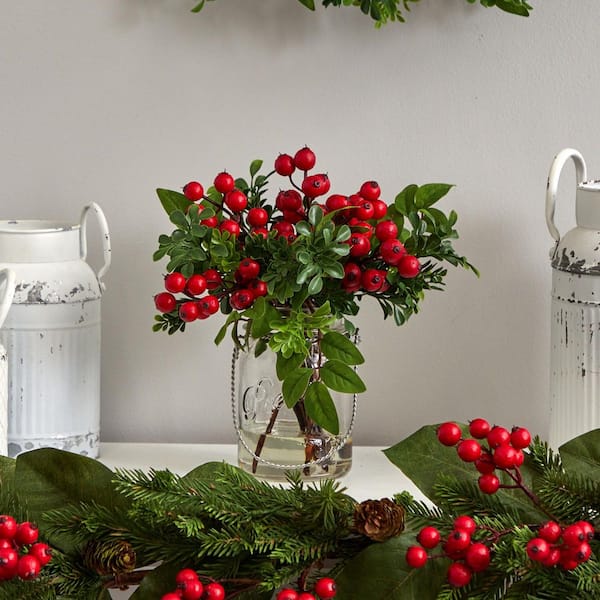 Hearth & Hand, Holiday, 2 Hearth Hand New 8 Faux Winter Berry Stems Glass  Bottle Arrangement