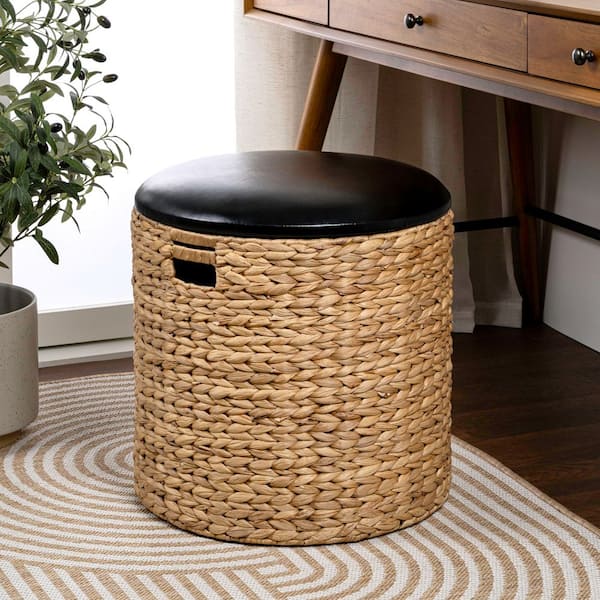 Josie 18 in. Natural/Black Modern Coastal Hand-Woven Faux Leather Hyacinth Storage Ottoman with Lid