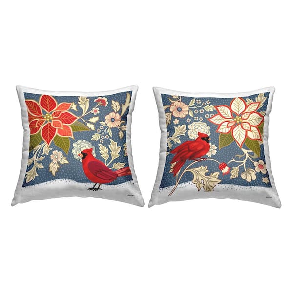 Stupell Industries Patterned Cardinals and Florals Blue Floral Polyester 18in. X 18in. Throw Pillow Set of 2