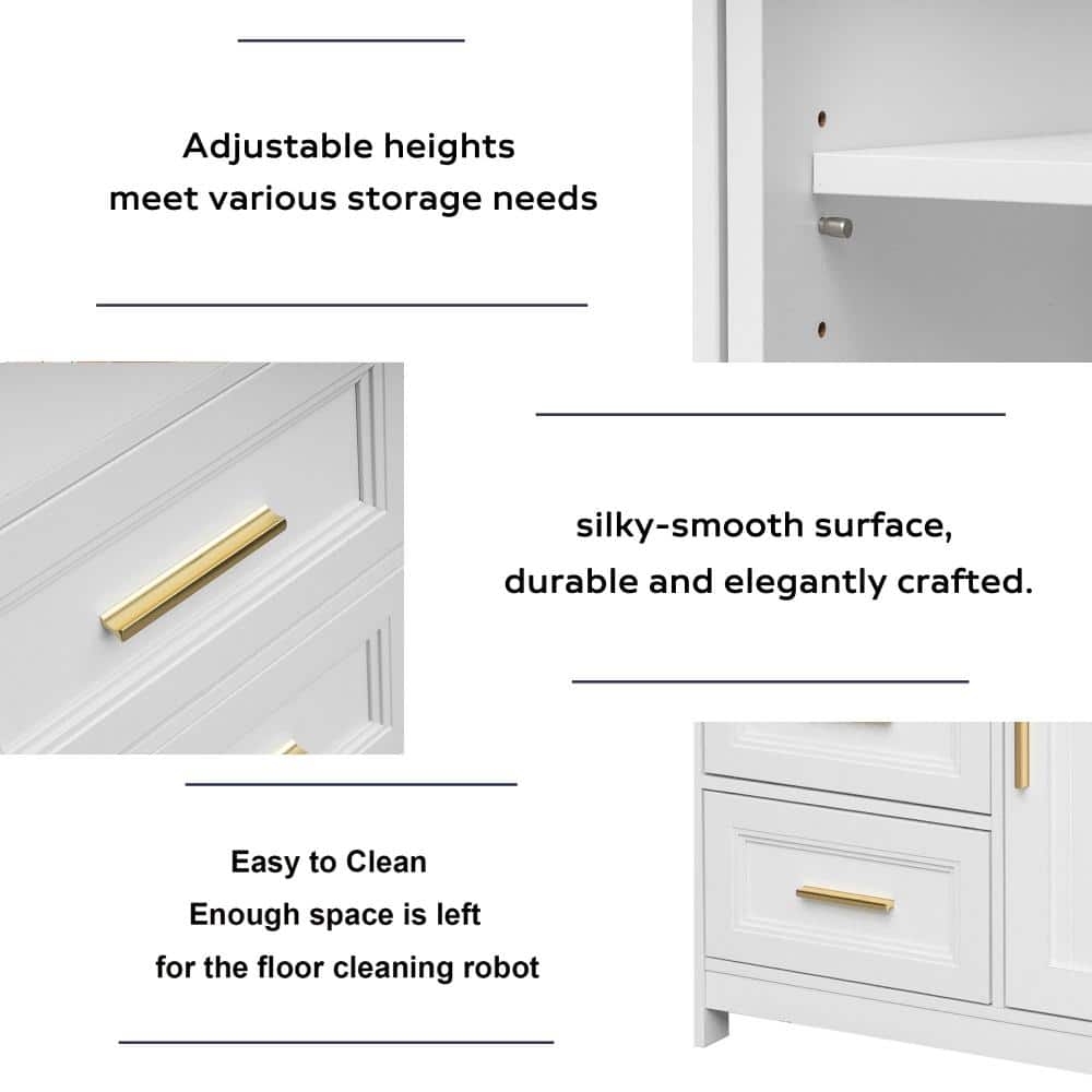 Specifications highlighting adjustable height, smooth surface, and ease of cleaning.