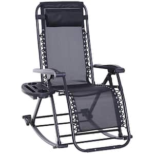 Black Foldable Metal Reclining Anti Gravity Outdoor Rocking Chair with Pillow, Cup and Phone Holder and Folding Leg